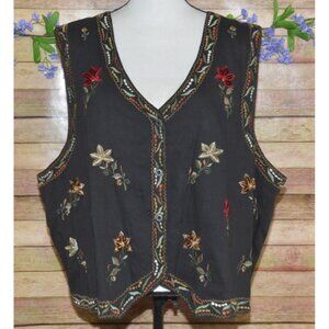 Vintage Tantrums Ladies Fall Floral Embroidered Vest Size 3X Cotton Granny Core